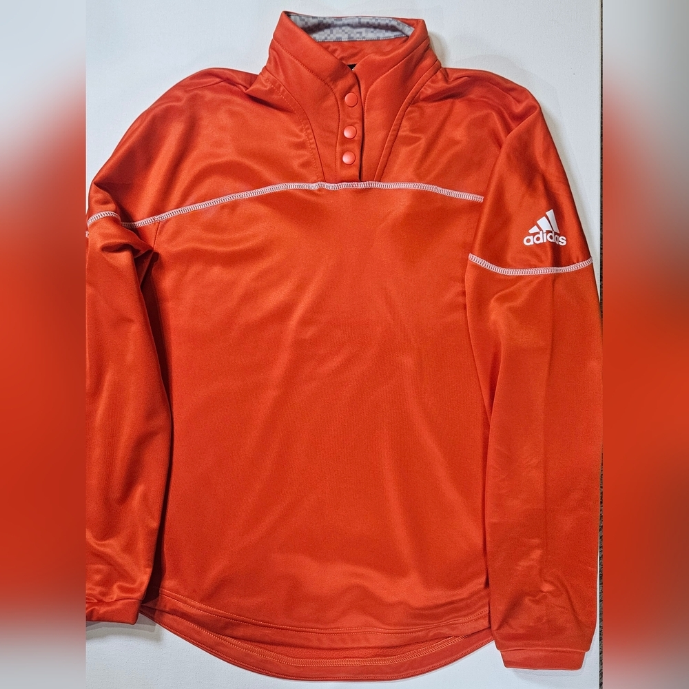 Adidas Sport Pullover‎ Womens Medium 1/4 Button Orange White Performance Sweater